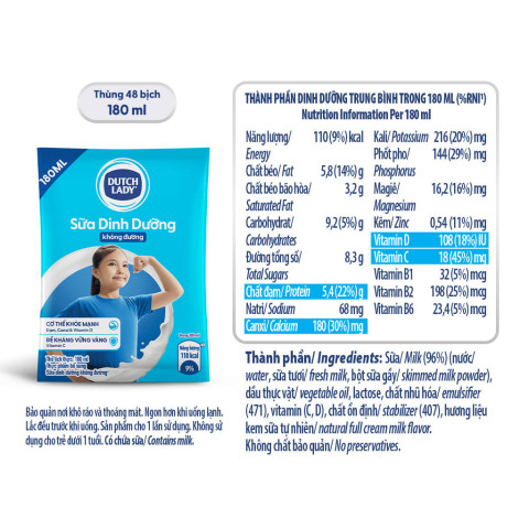 Sữa dinh dưỡng không đường CGHL Dutch Lady 180ml