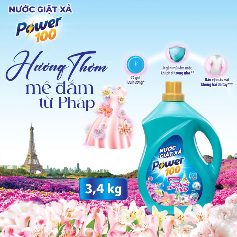 Nước giặt xả Power100 hương nước hoa Pháp quyến rũ 3.4kg