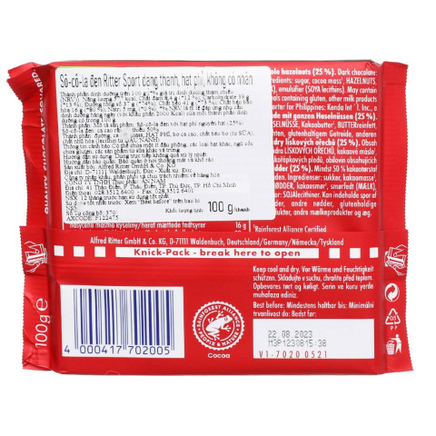 Sôcôla đen hạt phỉ Ritter Sport Dark Chocolate 100g F122475