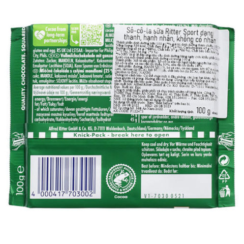 Sôcôla sữa hạnh nhân Ritter Sport Whole Almonds 100g F122473