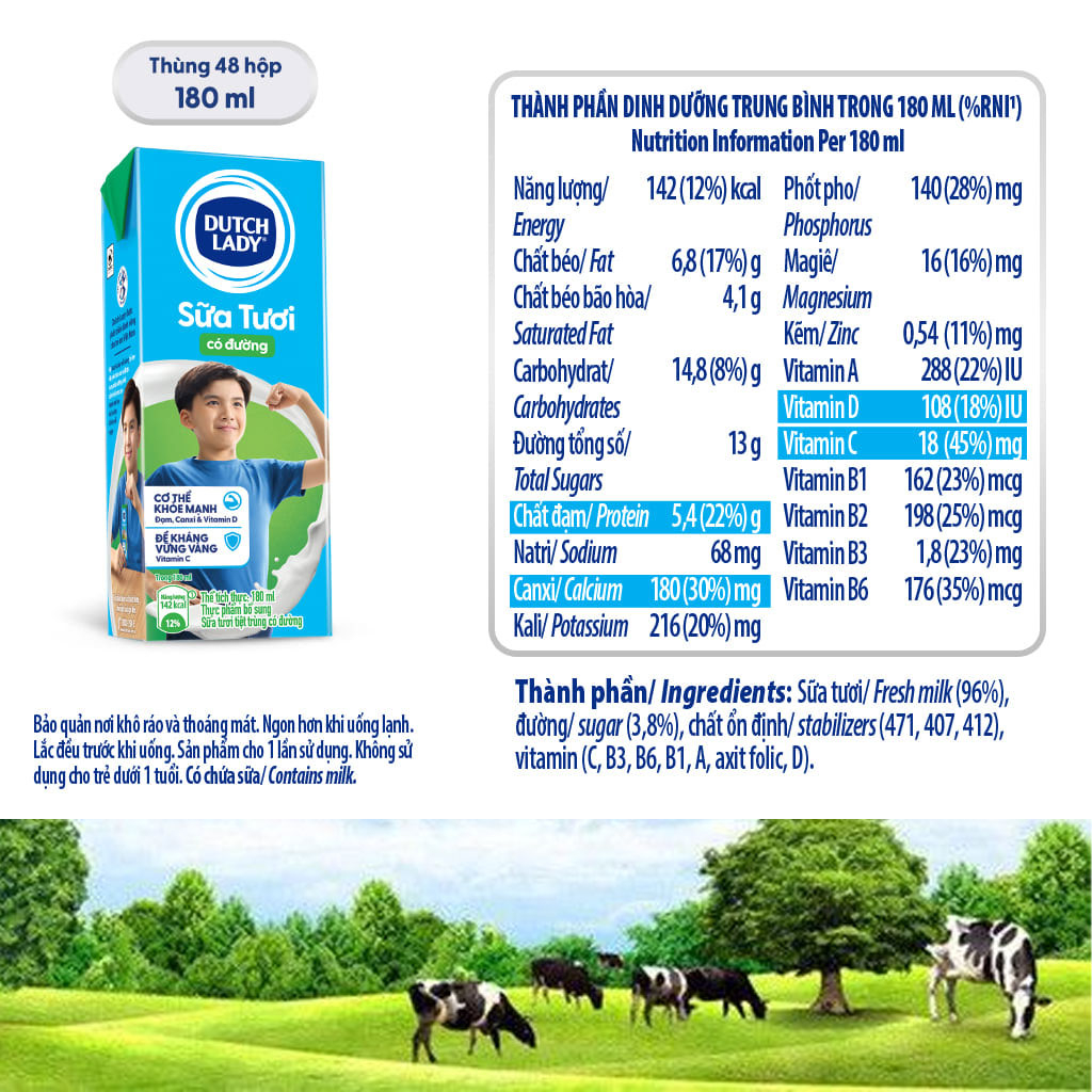 Sữa tươi tiệt trùng có đường CGHL Dutch Lady 180ml
