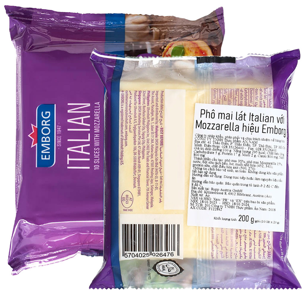 Phô mai lát Emborg Italian Slices With Mozzarella 200g F122842