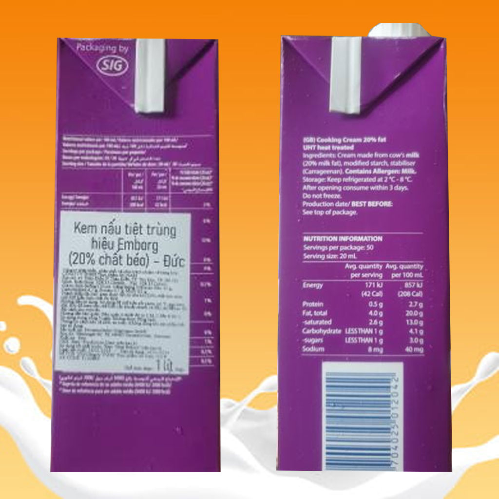 Kem nấu tiệt trùng Emborg 20% chất béo 1 lít F122863