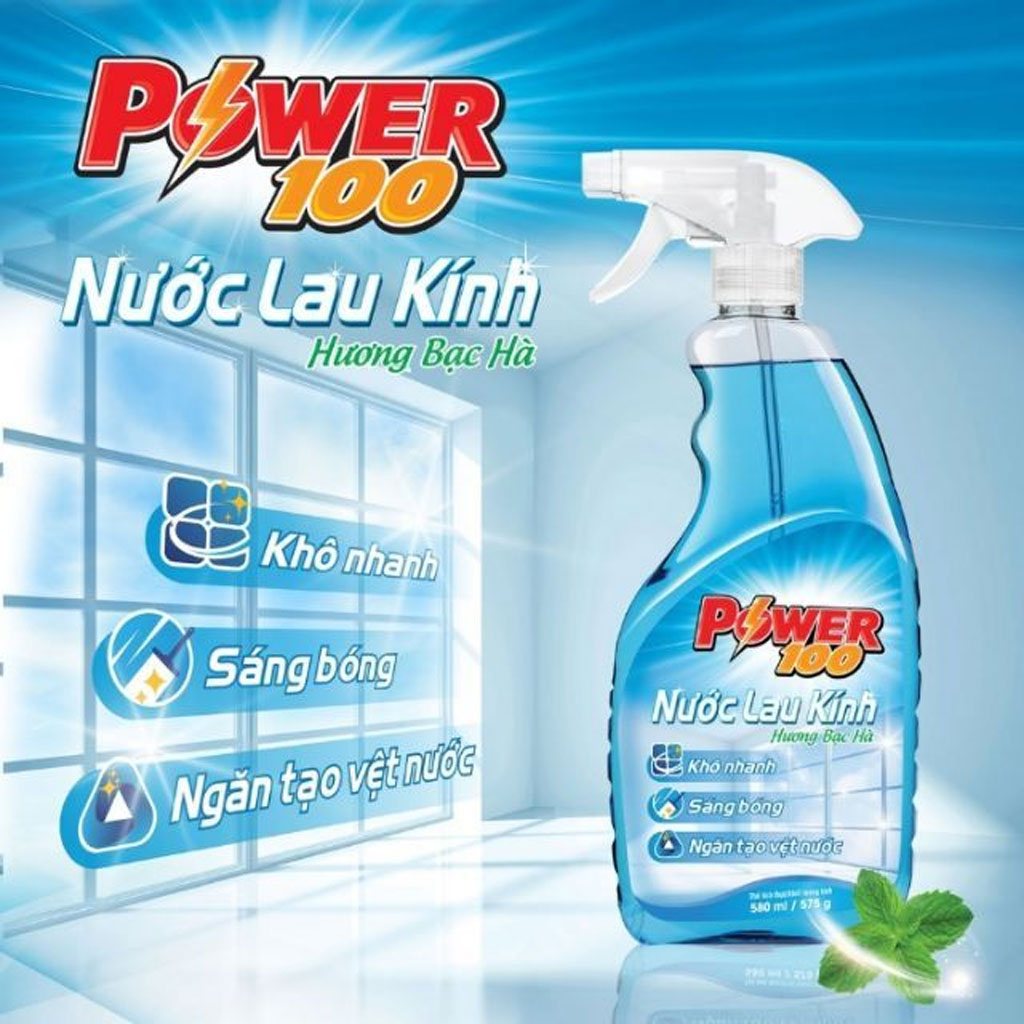 Nước lau kính Power100 hương bạc hà chai 500ml