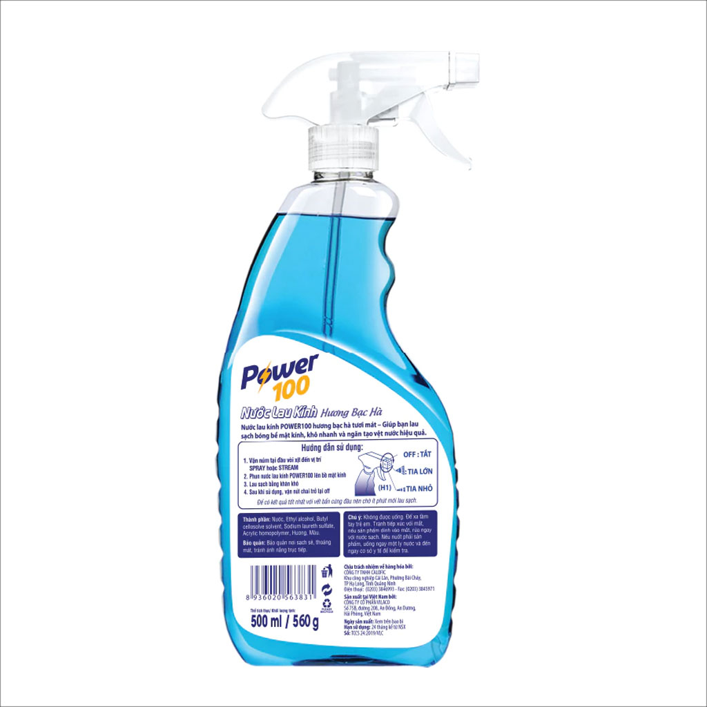 Nước lau kính Power100 hương bạc hà chai 500ml