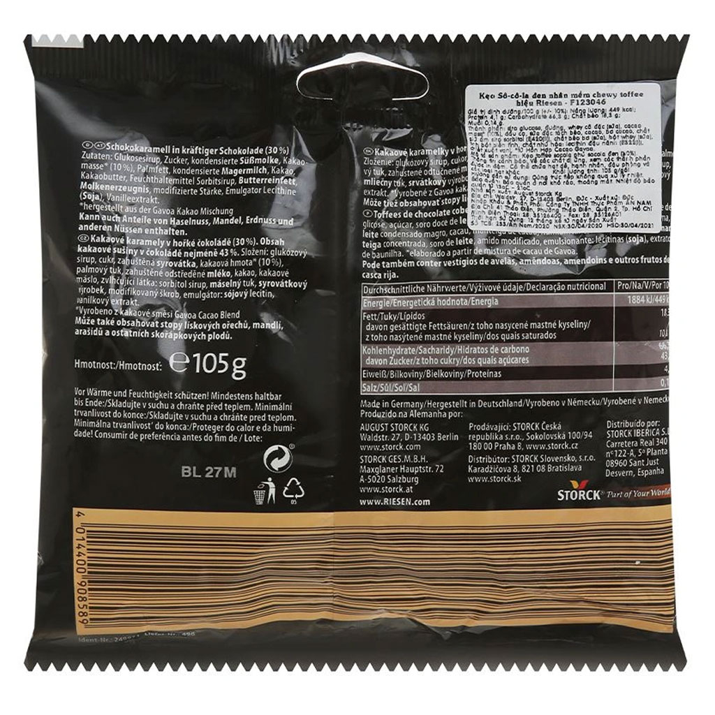 Kẹo sôcôla đen nhân mềm Storck Riesen Dark Chocolate Chewy Toffee 105g F123046